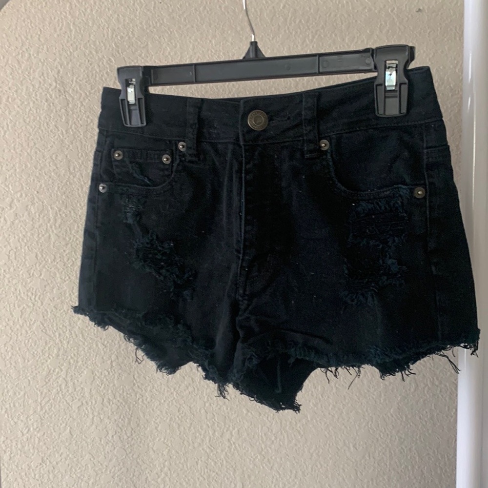 Cute American Eagle Outfitters Hi-Rise Festival stretch black distressed shorts